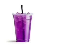 Purple drink in a plastic cup isolated on a white background. Take away drinks concept with copy space. ai generated photo