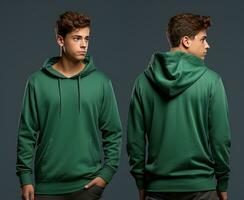 Front and back view of a green hoodie mockup for design print. ai generated photo