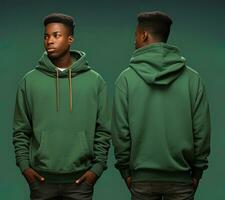 Front and back view of a green hoodie mockup for design print. ai generated photo