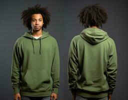 Front and back view of a green hoodie mockup for design print. ai generated photo