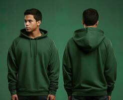 Front and back view of a green hoodie mockup for design print. ai generated photo