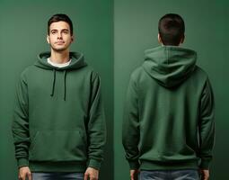 Front and back view of a green hoodie mockup for design print. ai generated photo