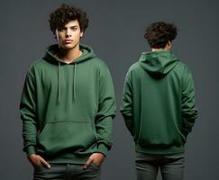 Front and back view of a green hoodie mockup for design print. ai generated photo