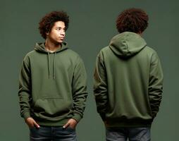Front and back view of a green hoodie mockup for design print. ai generated photo