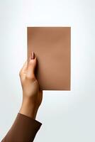 A human hand holding a blank sheet of brown paper or card isolated on a white background. ai generated photo