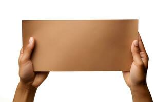 un humano mano participación un blanco sábana de marrón papel o tarjeta aislado en un blanco antecedentes. ai generado foto