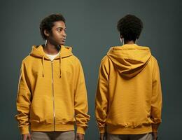 Front and back view of a yellow hoodie mockup for design print. ai generated photo