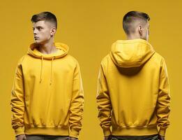 Front and back view of a yellow hoodie mockup for design print. ai generated photo