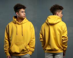 Front and back view of a yellow hoodie mockup for design print. ai generated photo