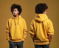 Front and back view of a yellow hoodie mockup for design print. ai generated photo