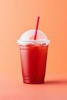 Red drink in a plastic cup isolated on a red pastel background. Take away drinks concept. ai generated photo