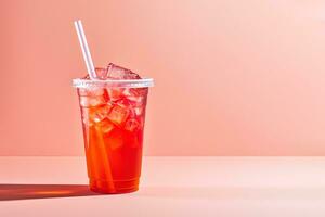 Red drink in a plastic cup isolated on a red pastel background. Take away drinks concept with copy space. ai generated photo