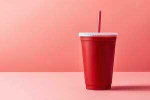 Red drink in a plastic cup isolated on a red pastel background. Take away drinks concept with copy space. ai generated photo