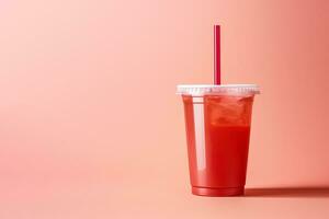 Red drink in a plastic cup isolated on a red pastel background. Take away drinks concept with copy space. ai generated photo