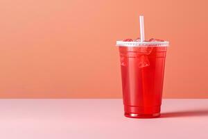 Red drink in a plastic cup isolated on a red pastel background. Take away drinks concept with copy space. ai generated photo