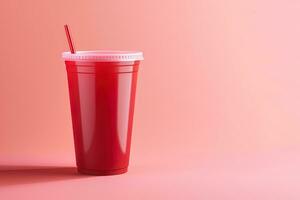 rojo bebida en un el plastico taza aislado en un rojo pastel antecedentes. tomar lejos bebidas concepto con Copiar espacio. ai generado foto