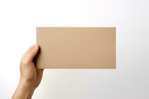 A human hand holding a blank sheet of beige paper or card isolated on a white background. ai generated photo