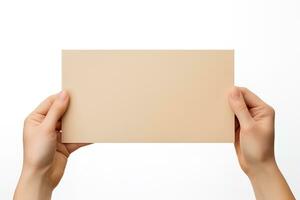 A human hand holding a blank sheet of beige paper or card isolated on a white background. ai generated photo