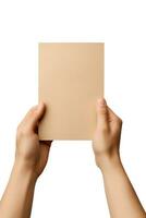 A human hand holding a blank sheet of beige paper or card isolated on a white background. ai generated photo