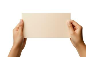 A human hand holding a blank sheet of beige paper or card isolated on a white background. ai generated photo