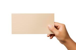 A human hand holding a blank sheet of beige paper or card isolated on a white background. ai generated photo