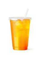 Orange color drink in a plastic cup isolated on a white background. Take away drinks concept. ai generated photo