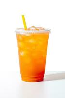 Orange color drink in a plastic cup isolated on a white background. Take away drinks concept. ai generated photo