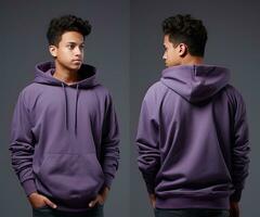 Front and back view of a purple hoodie mockup for design print. ai generated photo