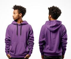 Front and back view of a purple hoodie mockup for design print. ai generated photo