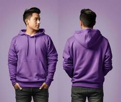 Front and back view of a purple hoodie mockup for design print. ai generated photo