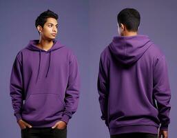 Front and back view of a purple hoodie mockup for design print. ai generated photo