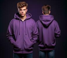 Front and back view of a purple hoodie mockup for design print. ai generated photo