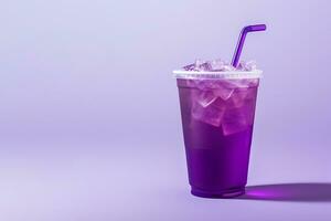 Purple drink in a plastic cup isolated on a purple background. Take away drinks concept with copy space. ai generated photo