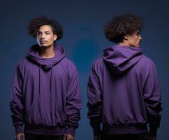 Front and back view of a purple hoodie mockup for design print. ai generated photo