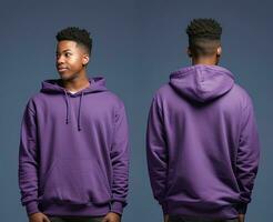 Front and back view of a purple hoodie mockup for design print. ai generated photo