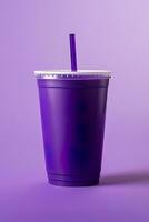 Purple drink in a plastic cup isolated on a purple background. Take away drinks concept. ai generated photo