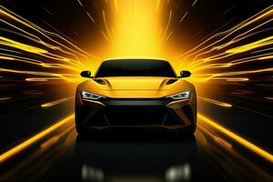 amarillo Deportes coche fondo de pantalla con fantástico ligero efecto antecedentes. ai generado foto