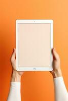 Hand holding tablet with mockup blank screen isolated on orange background. ai generated photo