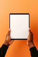 Hand holding tablet with mockup blank screen isolated on orange background. ai generated photo