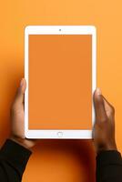 Hand holding tablet with mockup blank screen isolated on orange background. ai generated photo