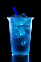 Blue drink in a plastic cup isolated on a black background. Take away drinks concept. ai generated photo