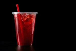 Red drink in a plastic cup isolated on a black background. Take away drinks concept with copy space. ai generated photo