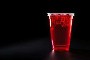 Red drink in a plastic cup isolated on a black background. Take away drinks concept with copy space. ai generated photo