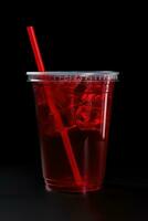 rojo bebida en un el plastico taza aislado en un negro antecedentes. tomar lejos bebidas concepto. ai generado foto