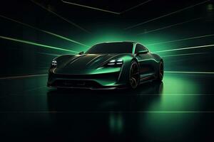 green sports car wallpaper with fantastic light effect background. ai generated photo