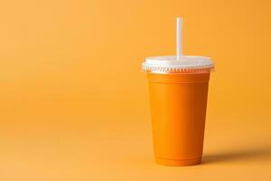 Orange color drink in a plastic cup isolated on a orange color background. Take away drinks concept with copy space. ai generated photo