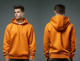 Front and back view of an orange color hoodie mockup for design print. ai generated photo