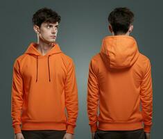 Front and back view of an orange color hoodie mockup for design print. ai generated photo