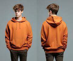 Front and back view of an orange color hoodie mockup for design print. ai generated photo