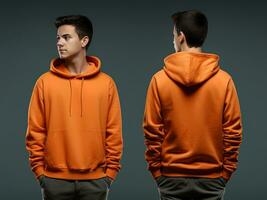 Front and back view of an orange color hoodie mockup for design print. ai generated photo